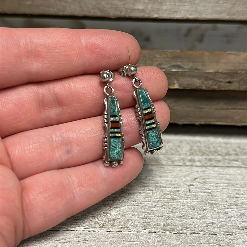 Ervin Tsosie great shape micro inlay turquoise Kyocera opal sterling earrings - Picture 4 of 8